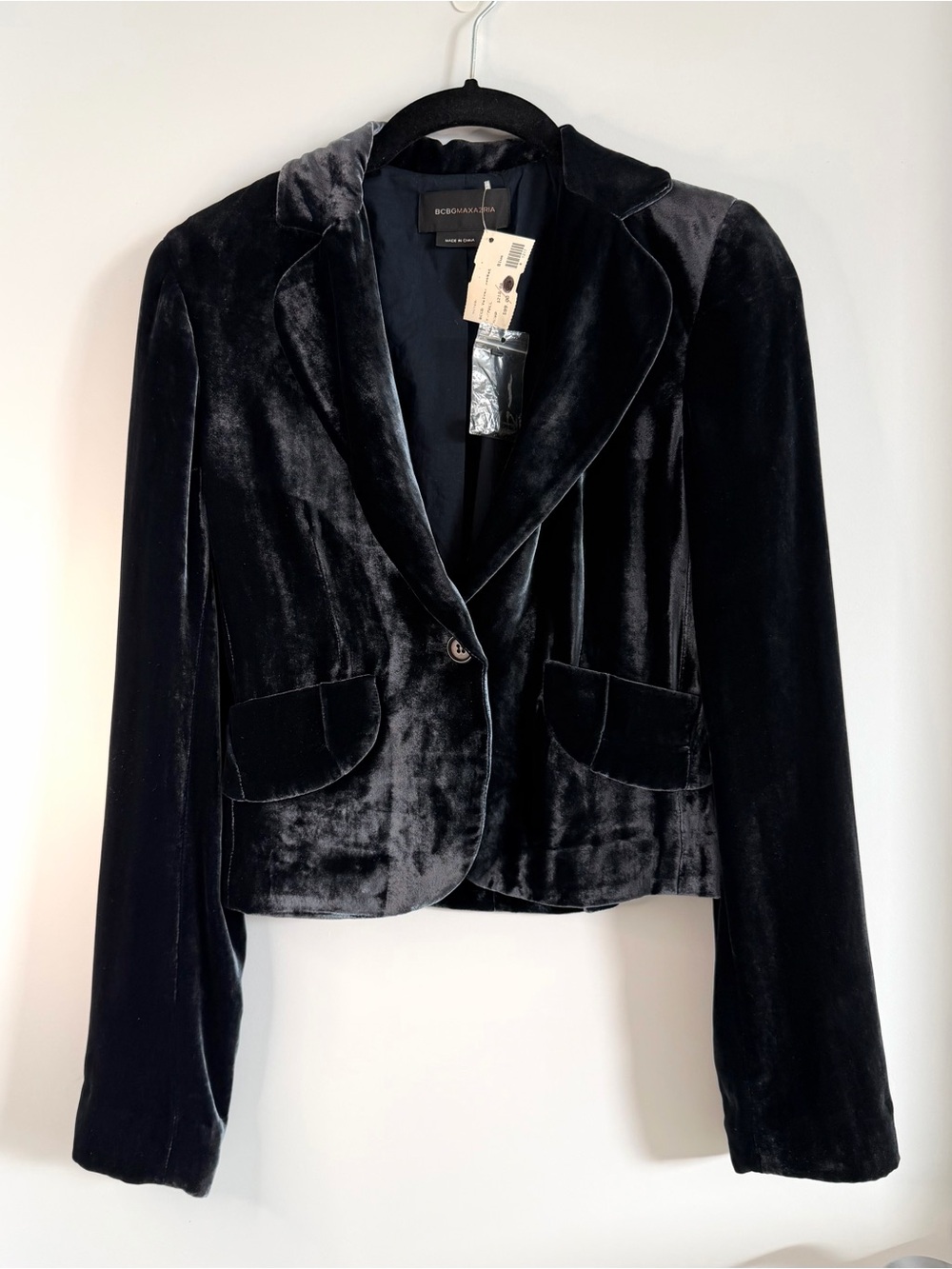 BCBGMAXAZRIA Midnight Blue Velvet Tailored Women’s Blazer Jacket XXS
